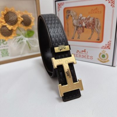 1:1  Hermes  Black Leather Belt  with Gold"H" buckle Buckle with Pattern 3.8cm
